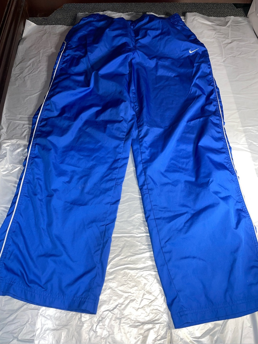 Nike Blue Track Pants with White Piping ankle zipper L